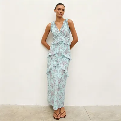 Light Blue Floral Print Sleeveless V Neck Ruffle Layered Maxi Dress for Women