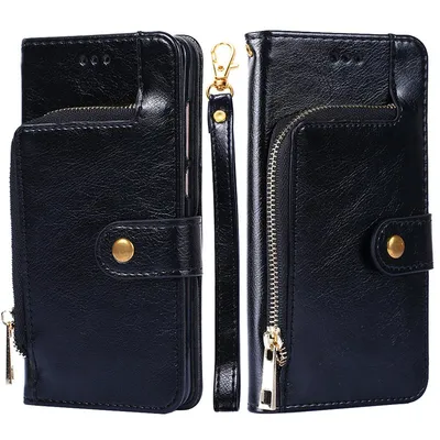 Luxury PU Leather Flip Phone Case Wallet Zipper Mobile Shell Cover with Strap