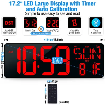 17.2" LED Large Display Wall Clock with Timer and Bluetooth Auto Calibration