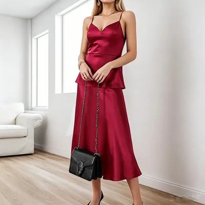Burgundy Satin Cami Two-Piece Dress, V-Neck Peplum Waist MIDI Evening Dress