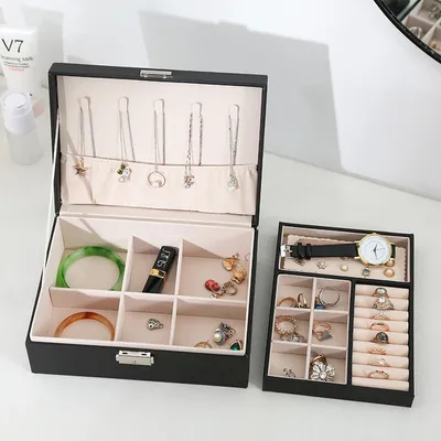 Wholesale Earring Ring Necklace Girls with Lock Jewelry Box Organizer Velvet Jewelry Storage PU Leather Jewelry Boxes