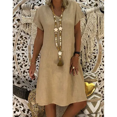 Short-Sleeved MID-Skirt Spring-Summer V-Neck Dress