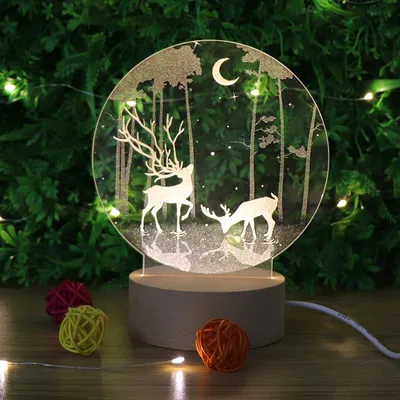 Creative Gift Deer Acrylic Bedside Table Lamp LED Wood Base Night Light with USB Cable