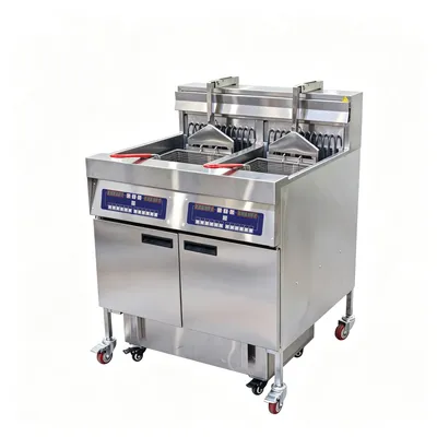 Commercial Floor-Standing Large Double-Vat Fryer with Oil Filtration Cart and Two Lifting Rods