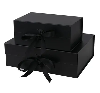 Custom Matte Black Luxury Foldable Hard Paper Magnetic Closure Gift Box with Ribbon
