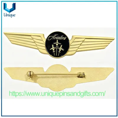 Wholesale Custom Metal a-Aviator Wings Brooch Black Enamel Aircraft Pilot Wing Insignia Badge with Safety Pin Back
