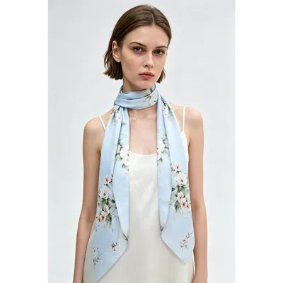 Women Floral Skinny Satin Scarf, Light Blue Long Neck Ribbon Scarf, Multi-Use French Style Scarf for Neck Hair Handbag Decoration
