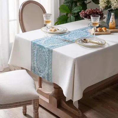 Tablecloth Linen Fabric 3D Embroidery Table Cover Wrinkle Free Anti-Fading Table Decoration for Kitchen Dining Room