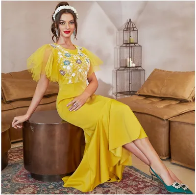 Bright Yellow Mesh Stitching Heavy Short-Sleeved Dress