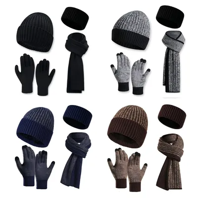 Custom 4-PCS Winter Knit Beanie Scarf Gloves Headband Set Ribbed Winter Accessories