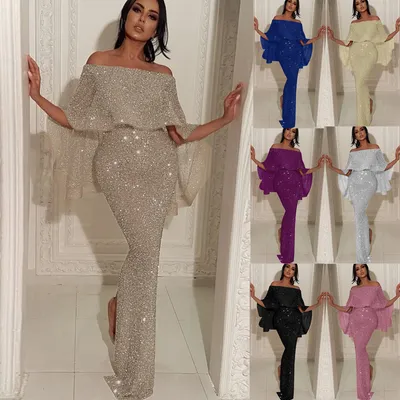 New Style Back-Wide Ruffled Hemmed Bust-Line off-Shoulder Dress with a Plunging Slit and Glittering Backless Evening Gown Party Stylish Sexy Maxi Dress