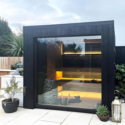 Bespoke Outdoor Square Sauna Room with Canadian Hemlock Red Cedar for a Personalized Wellness Experience