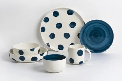 6-Piece Hand-Painted Ceramic Dinnerware Set – Blue Polka DOT and Swirl Pattern Plates, Bowls & Mug