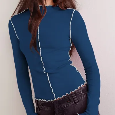 Women's Designer Clothing Wave Edge Long Sleeve Slim Fit Knit Mock Neck Top