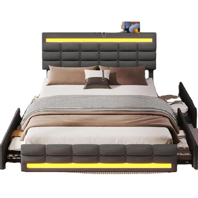 Queen LED Bed Frame with 4 Drawers and 2 USB Charging Station, Upholstered Platform Queen Size Bed Frame