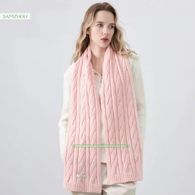Retro Knitted Wool-Blend Scarf with Ruffled Classic Plain Shawl Lady Winter
