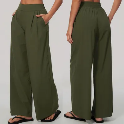 Women High Waist Wide Leg Palazzo Pants, Front Pleated Trousers with Hidden Side Pockets, 2-in-1 Elastic Waist Casual Workout Pants