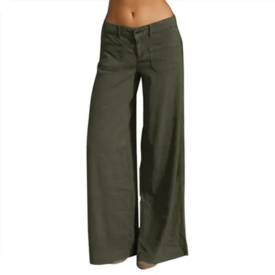 Women Low Waist Linen Blend Wide Leg Casual Trousers with Front Pockets