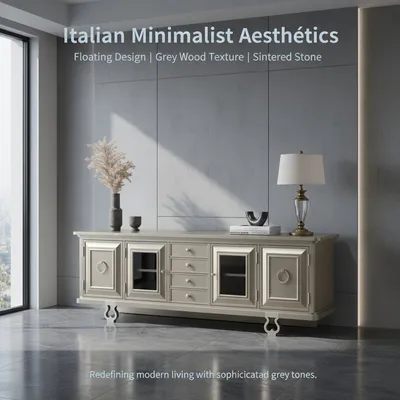 Italian Minimalist Grey Wood TV Stand with Sintered Stone Top TV Cabinet