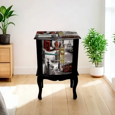 Narrow Sofa Nightstand with Storage Cabinet & Drawer, Wooden Nightstand for Living Room