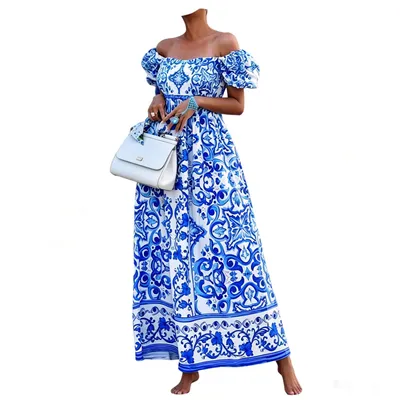 English: Blue and White Porcelain Print off Shoulder Puff Sleeve Waisted Maxi Vacation Dress