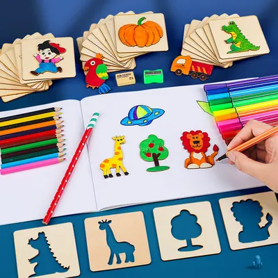 Factory Wholesale Custom Montessori Kids Drawing Toy Wooden DIY Painting Stencils Template Craft Toys Puzzle Educational Children Toys for Kids Gift