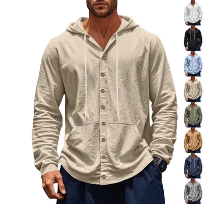 Men Button Down Drawstring Hooded Kangaroo Pocket Open Front Sweatshirt