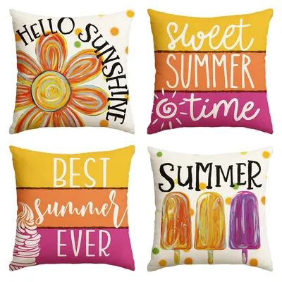 Summer Throw Pillow Covers, Sweet Summer Time Cushion Case, Hello Sunshine Holiday Decoration for Sofa Couch Pillow Case