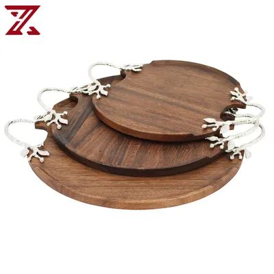 Wholesale Wooden Trays Round with Metal Handles Wood Serving Tray for Home Hotel Wedding