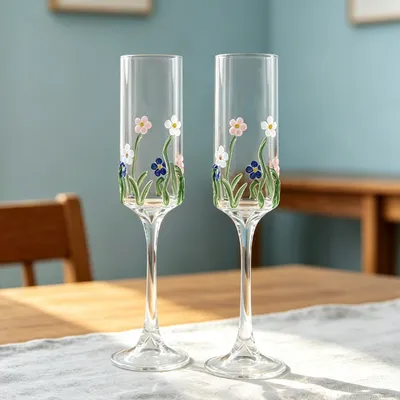 High-End Hand-Painted Fresh Floral Decorative Tall Glass Goblet Wedding Champagne Flute