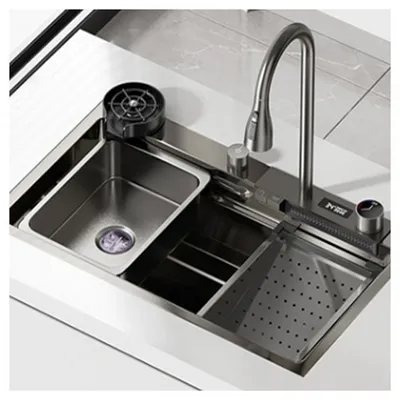 Modern Customized Waterfall Faucet Digital Display Kitchen Intelligent Sink: Stainless Steel, Large Single Slot, Black Nano Finish