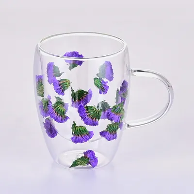Double Wall Glass Milk Tea Coffee Cups Mug with Dry Forget-Me-Not Flowers