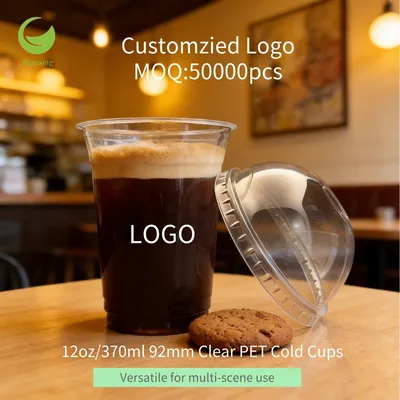 Customized 12oz Food Container Pet Disposable Coffee Tableware Plastic Cup with Lid