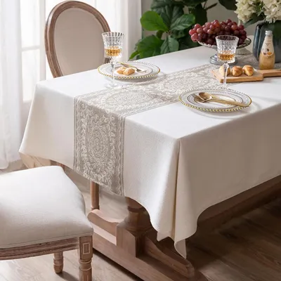 Tablecloth Linen Fabric 3D Embroidery Table Cover Wrinkle Free Anti-Fading Table Decoration for Kitchen Dining Room Brown