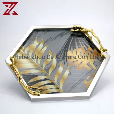 Cheap Price Wholesale Leaf Pattern Mirror Tray with Handle Decoration Luxury Metal Vanity Tray