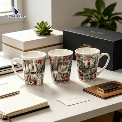 Chinese Ceramic Tableware White V Shape Custom Printed Cartoon Mug