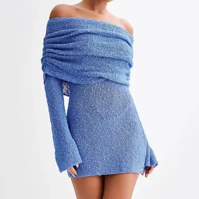 High-Quality Sexy Knitted Mini Dress with a Slanted Neckline and Long Sleeves