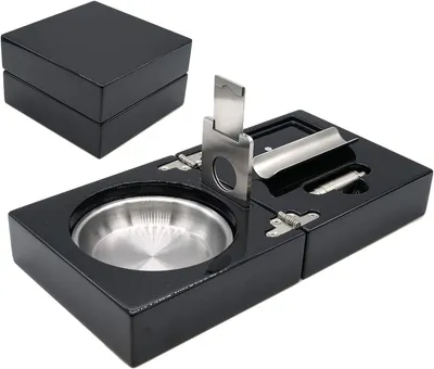 Folding Wood Cigar Ashtray Set with Guillotine Cutter, Punch Cutter, Cigar Bed and Stainless Steel