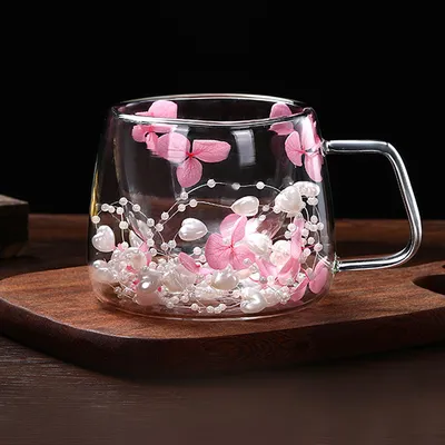 Double Walled Glass Coffee Milk Mug with Flowers Filling