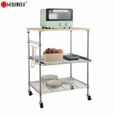 3-Tier Metal Kitchen Trolley Serving Cart with Hooks and Slide Wire Shelf