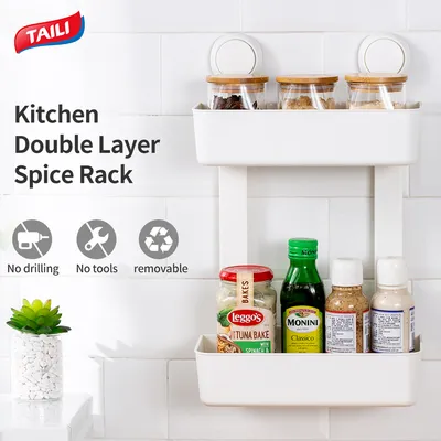 2 Layers Spice Rack Shelf Spice Organizer Plastic Rack Wall Mount Kitchen Corner Spice Holder Rack Hanging Storage Organizer Spice Basket