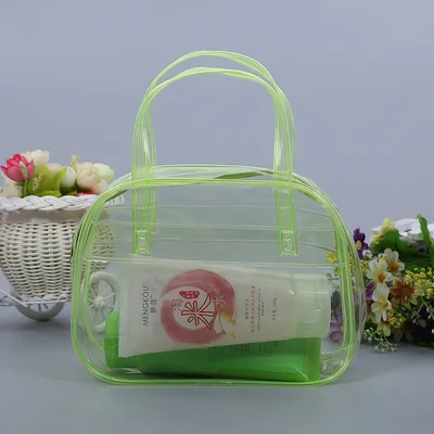 Waterproof Customizable PVC Transparent Green Toiletry Bag with Handles