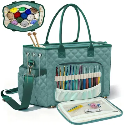 Durable Canvas Yarn Storage Large Crochet Bag with Padded Hook Organizer