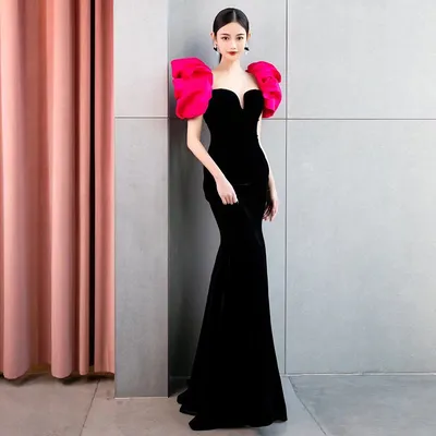 Nnr Black Pink Flower Puff Sleeve Long Evening Dress Sexy Ball Gown Dress