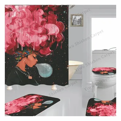 Non Slip 3 Pieces Bathroom Mat Set 4 Pieces Bath Mat Sets with 3D Custom Logo Print Shower Curtain Bath Rugs
