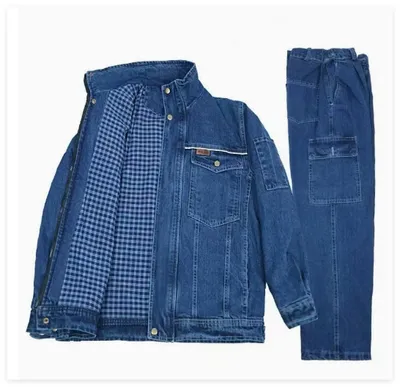 Autumn Stand Collar Zip Snap Denim Jacket Set Wearproof Factory Work Uniform Coat