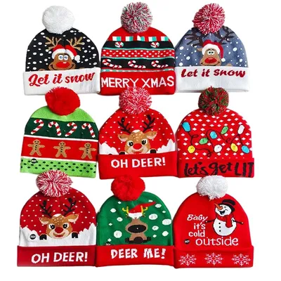 Wholesale Custom Christmas POM POM Knit Beanie, Reindeer Snowman Xmas Pattern Hat