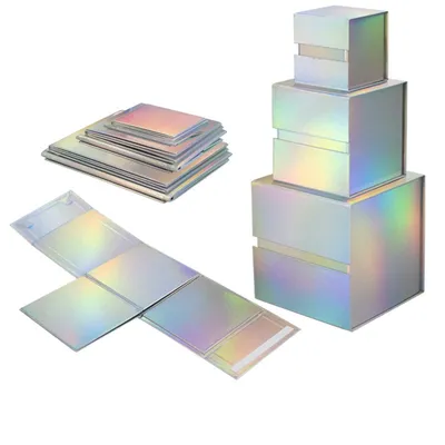 Wholesale Square Foldable Box One-Piece Flip Magnet Box Gift Universal Beautiful Silver Holographic Packaging Box