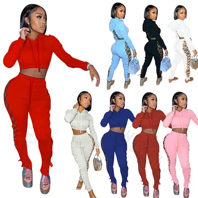 Fall/Winter Style Popular Women's Clothing Set Solid Color Hollow Our Side and Back Lace up Sweatshirt Hoddie and Patns Set Two Pieces Leisure Sports Wear