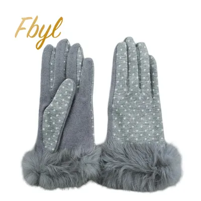 Lady Fashion Wool/Winter/Warm Touch Screen Function Gloves with Rabbit Fur Decoration (JYG-25022)
